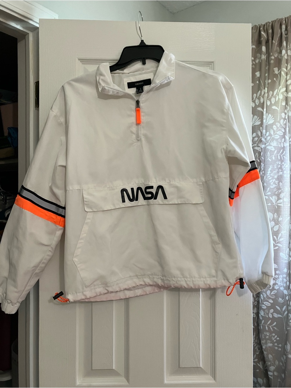 Forever 21 White Pullover windbreaker NASA with Neon Orange Accents
